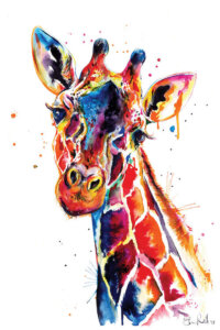 Multicolored watercolor portrait of a giraffe