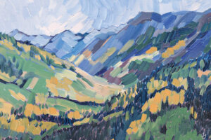 “Gold In The Mountains” by Jessica Johnson shows mountains under a blue sky teeming with green and golden trees.