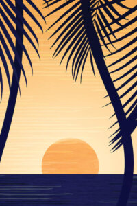 Minimalist graphic of a sun setting over a horizon framed by two palm trees
