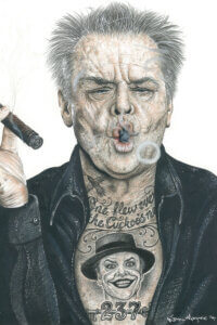 Illustration of Jack Nicholson smoking a cigar wearing a black jacket with Joker and One Flew Over The Cuckoo's Nest tattoos on his chest