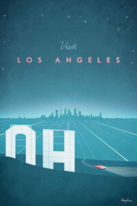 Minimalist graphic of Los Angeles from behind the Hollywood hills sign overlooking a highway leading to the downtown skyline at night with bright lights and text that says &quot;Visit Los Angeles&quot;