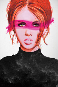 Graphic of a woman with red hair tied up wearing a black turtleneck and a pink streak of paint across her eyes