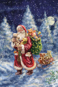 Image of Santa Claus carrying a sack filled with teddy bears and toys and pulling a sled with teddy bears sitting on it through the snow