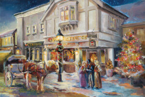 Scene showing carolers singing on a street lit with Christmas lights next to shops and a horse-drawn carriage