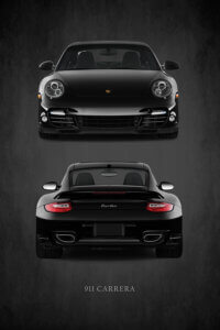 Poster with photo of front and back end of a Porsche 911 Carrera Turbo on a black background