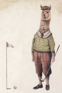 Illustration of an alpaca wearing a golf uniform holding a club next to a tee and golf ball