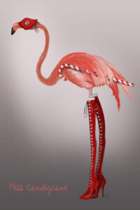 Pink flamingo wearing a red eye mask and red lace up high heel boots holding a candy cane