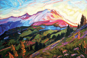 “Mt Rainier” by Jessica Johnson shows a mountainscape filled with greenery and flowers under a colorful sky.
