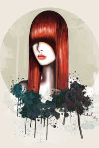 Graphic of a female with red hair and long bangs covering her eyes with decorative elements under her portrait