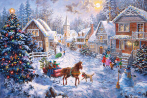 Scene showing a lit Christmas tree outside in a village covered in snow with people riding in a horse-drawn sleigh, carolers singing outside of a house, and a snowman holding a broom