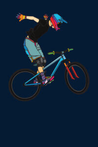 Graphic of a BMX rider doing a jump on a bike on a dark blue background