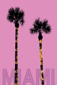 Minimalist graphic of two shadowed palm trees over a pink background with text that says &quot;Miami&quot; at the bottom