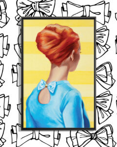 Image of a woman with red hair pulled into an updo with her back turned wearing a blue shirt with a bow on the back on a yellow background