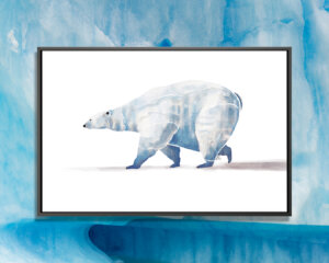 “Polar Bear” by SAEIART shows a blue polar bear mid-walk against a white background.