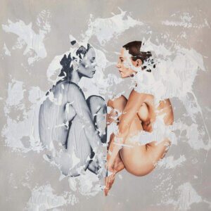 "Poner Titulo" shows a mirrored image of a naked woman, one side with eyes open, the other side with eyes closed, folded in a fetal position
