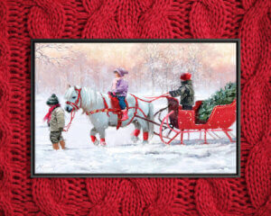 Image of a white pony pulling a red sleigh with three kids in winter clothes and an evergreen tree through the snow