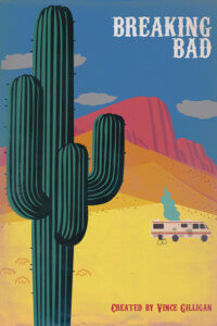 Vintage-style graphic poster of Breaking Bad with cactus and RV with blue smoke in the background in the desert