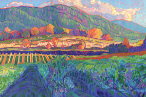 “Receding Light” by Jessica Johnson shows sunlight cascading over distant hills and vibrant trees spread across a vineyard.