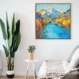 “River Mountain” by Jessica Johnson shows a blue stream running through green and yellow banks with a mountain in the distance.
