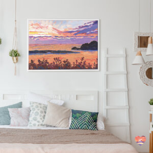 “River Of Gold” by Jessica Johnson shows an orange and purple sky illuminating the sea beneath it.