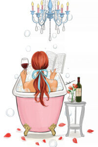 Illustration from behind of a girl with red hair tied in a blue bow sitting in a bathtub with a glass of wine while reading a book under a chandelier with flower petals on the floor