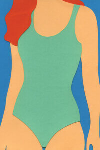 Image of female torso wearing a turquoise swimsuit and long red hair on a blue background