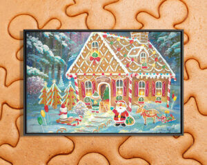 Image of a scene with Santa, reindeer, trees, and a house all made of gingerbread