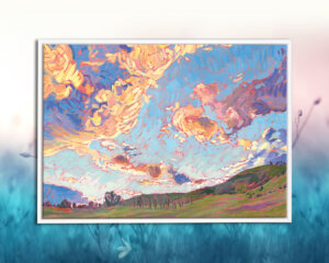 “Sky Wide Open” by Jessica Johnson shows a cloud sunset over the farmland of Rogue Valley