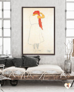 Illustration of redhead standing while combing her hair framed in wood on a wall in white room with grey throw pillows and a platform bed