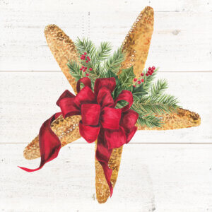 Starfish with mistletoe and a red bow on it on a white shiplap background