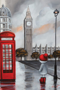 Illustration of a little person wearing a red hat and red boots on a street in London next to a red telephone booth near Big Ben