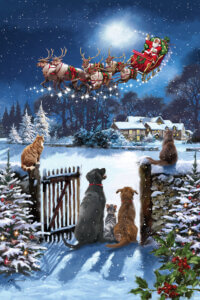 Two dogs and three cats outside in the snow looking up at Santa and his reindeer flying in their sleigh in the sky