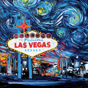 Textured painting of Las Vegas welcome sign overlooking the city underneath a sky that looks like Starry Night