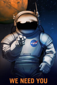 Poster inspired by Uncle Sam with an astronaut pointing with text that says &quot;We Need You&quot; in space with a planet in the background