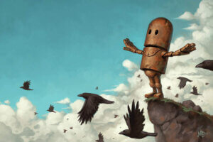 Illustration of a little rusty robot with his arms spread out standing on a cliff with black birds flying around him