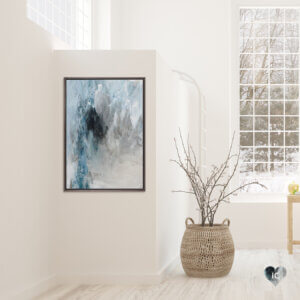 “Winter Wonderland I” by PI Studio shows a gray, blue, and white abstraction.