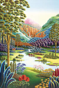 A colorful landscape with multi-colored trees, plants and bushes and a pink mountain in the background with a river winding through it