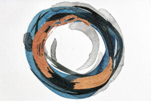 A cluster of circular paint strokes in blue, copper, and black on a linen textured white background