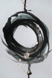 A cluster of circular, dripping paint brush strokes in shades of black and silver on a linen textured white background