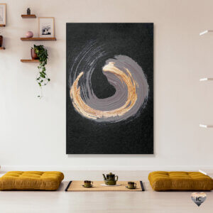 An abstract circular paint brush stroke layered in a deep purple gray and metallic gold on a black background, on a wall in an Asian-inspired room with mats and a tea set on the floor