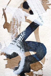 An abstract formation of thick paint brush strokes in white, indigo, and walnut-brown on a linen textured white background