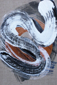 An abstract formation of thick, serpentine-shaped paint brush strokes in white, indigo, black, and metallic copper on a linen textured gray background