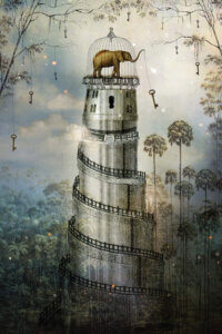 A spiral tower with a caged elephant at the top holding a key with its trunk in a forest with keys hanging from trees