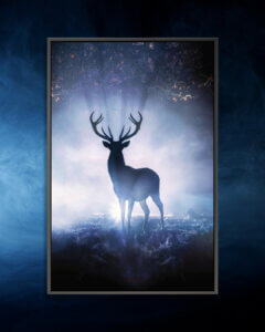 “Cernunnos Rising” by Max Ellis shows the silhouette of a stag glowing from a light in the nighttime.