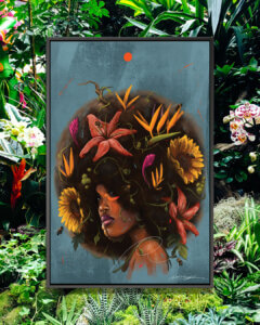 “Cocoa Butter Blossoms” by Chuck Styles shows a woman with sunflowers and foliage in her afro while bees fly around her.
