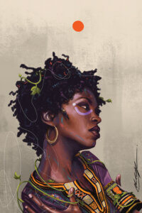 “Ms Lauryn Zion” by Chuck Styles shows the profile of American singer Lauryn Hill wearing an Afrocentric top with ivy wrapped around her body.