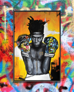 “Radiant Hands” by Chuck Styles shows the artist Jean-Michel Basquiat portrayed as a boxer wearing boxing gloves inspired by his Basquiat’s paintings.
