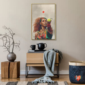 “Serena” by Chuck Styles shows Serena Williams wearing Afrocentric clothing while holding a tennis ball.