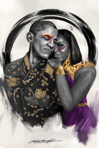 “The Obama’s” by Chuck Styles shows Barack and Michelle Obama snuggled next to each other wearing Afrocentric clothing.