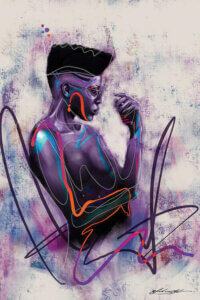“Unapologetic” by Chuck Styles shows the profile of a purple-tinted woman wearing glasses with an overlay of multicolored lines and paint splatters against a white background.